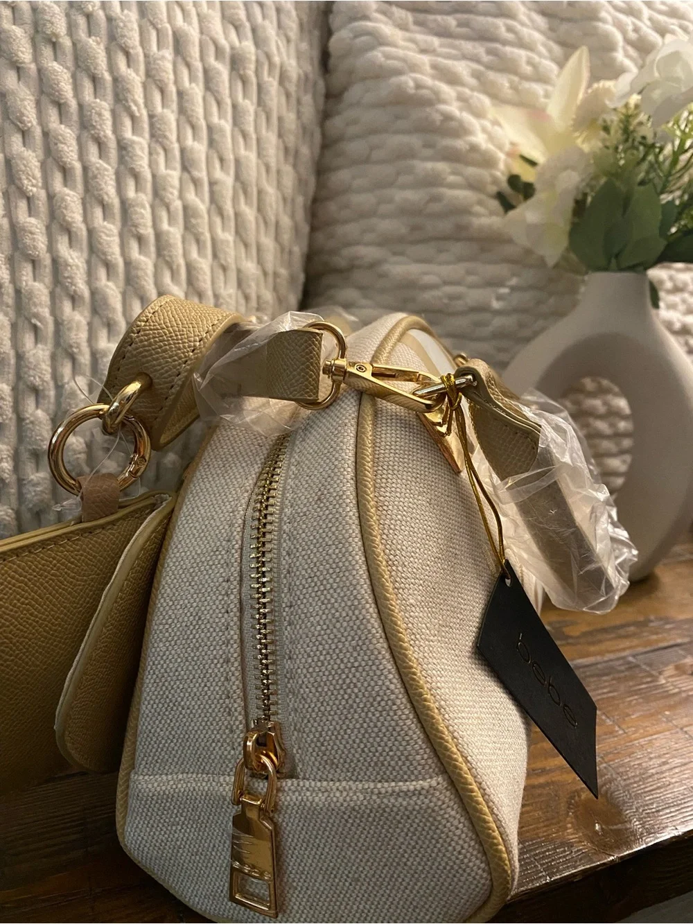 bebe Beige and Gold Dome Mini Satchel